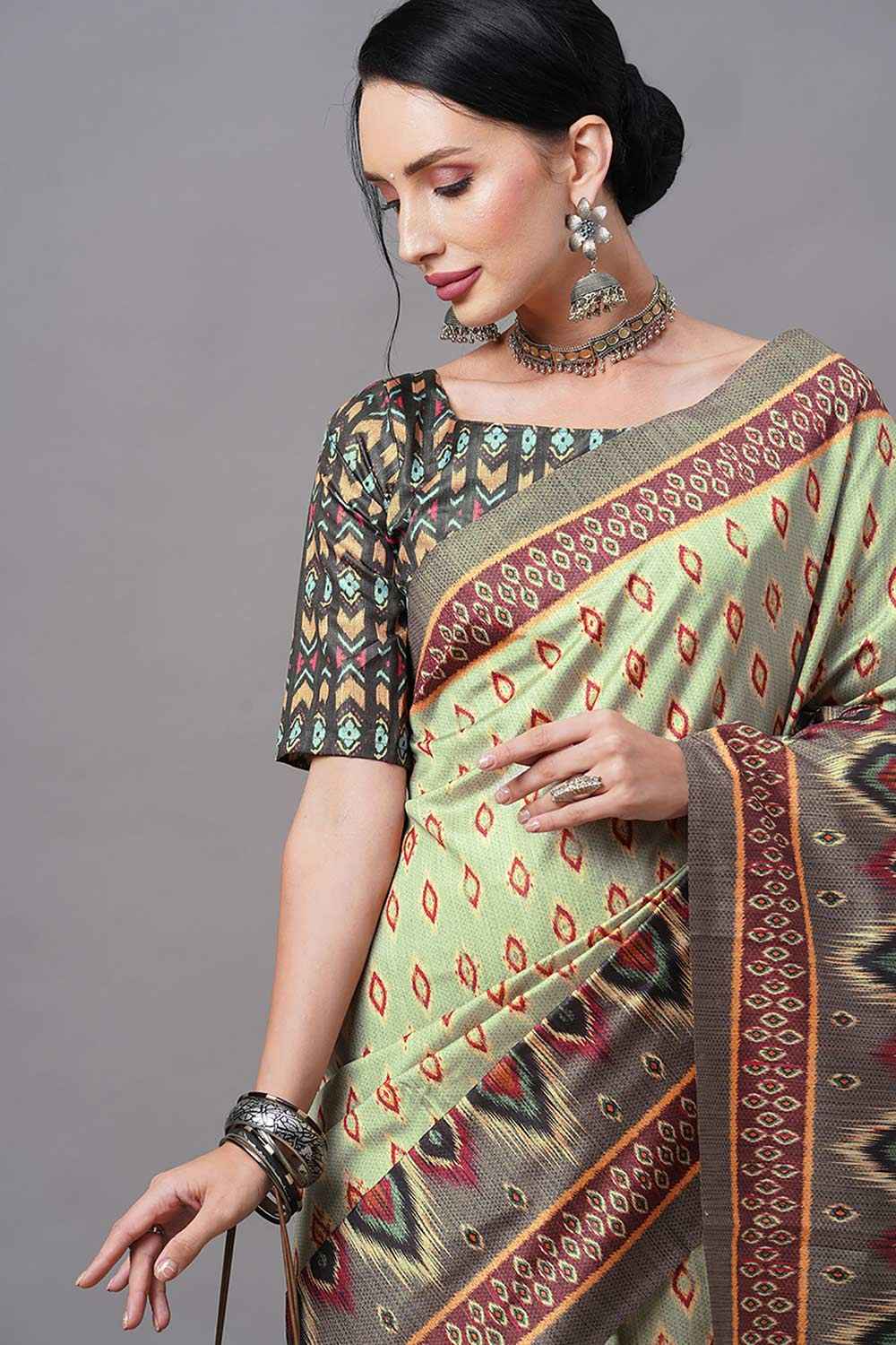 Bhagalpuri Silk Olive Digital Print Designer Saree