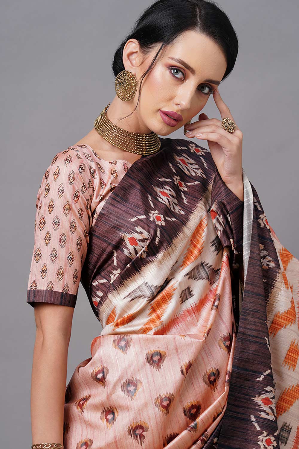 Bhagalpuri Silk Peach Digital Print Designer Saree