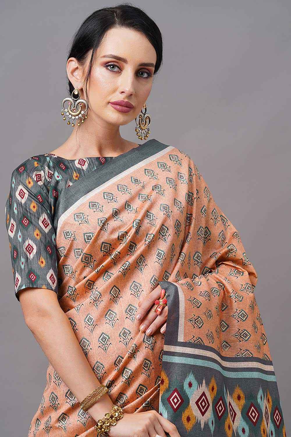 Bhagalpuri Silk Peach Digital Print Designer Saree