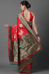 Buy Blended Silk Zari Woven Saree in Red Online - Back