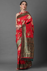 Buy Blended Silk Zari Woven Saree in Red Online - Side