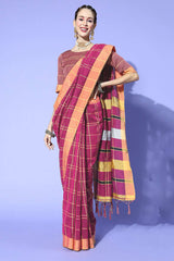 Magenta Linen Checkered Uppada Saree