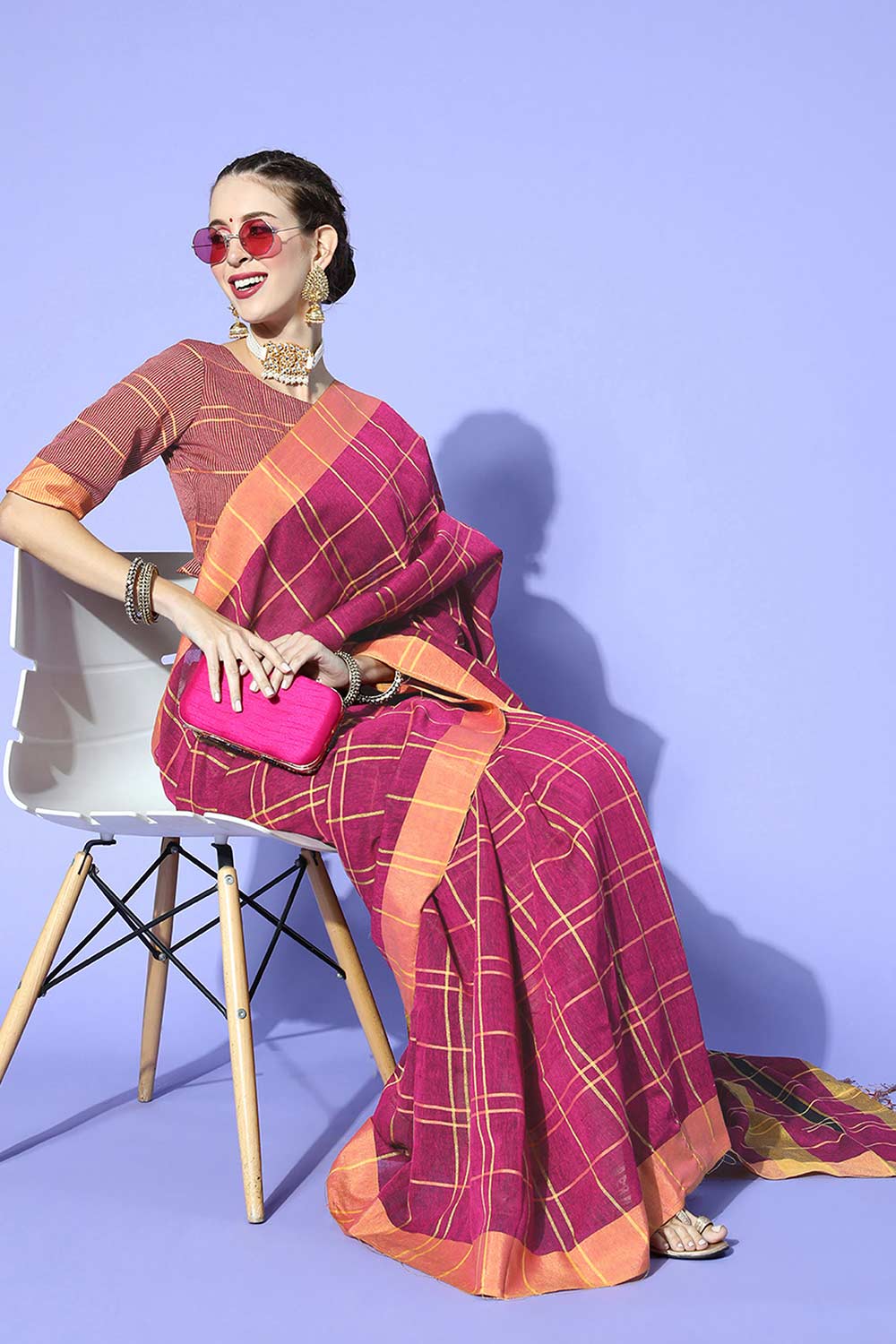 Magenta Linen Checkered Uppada Saree