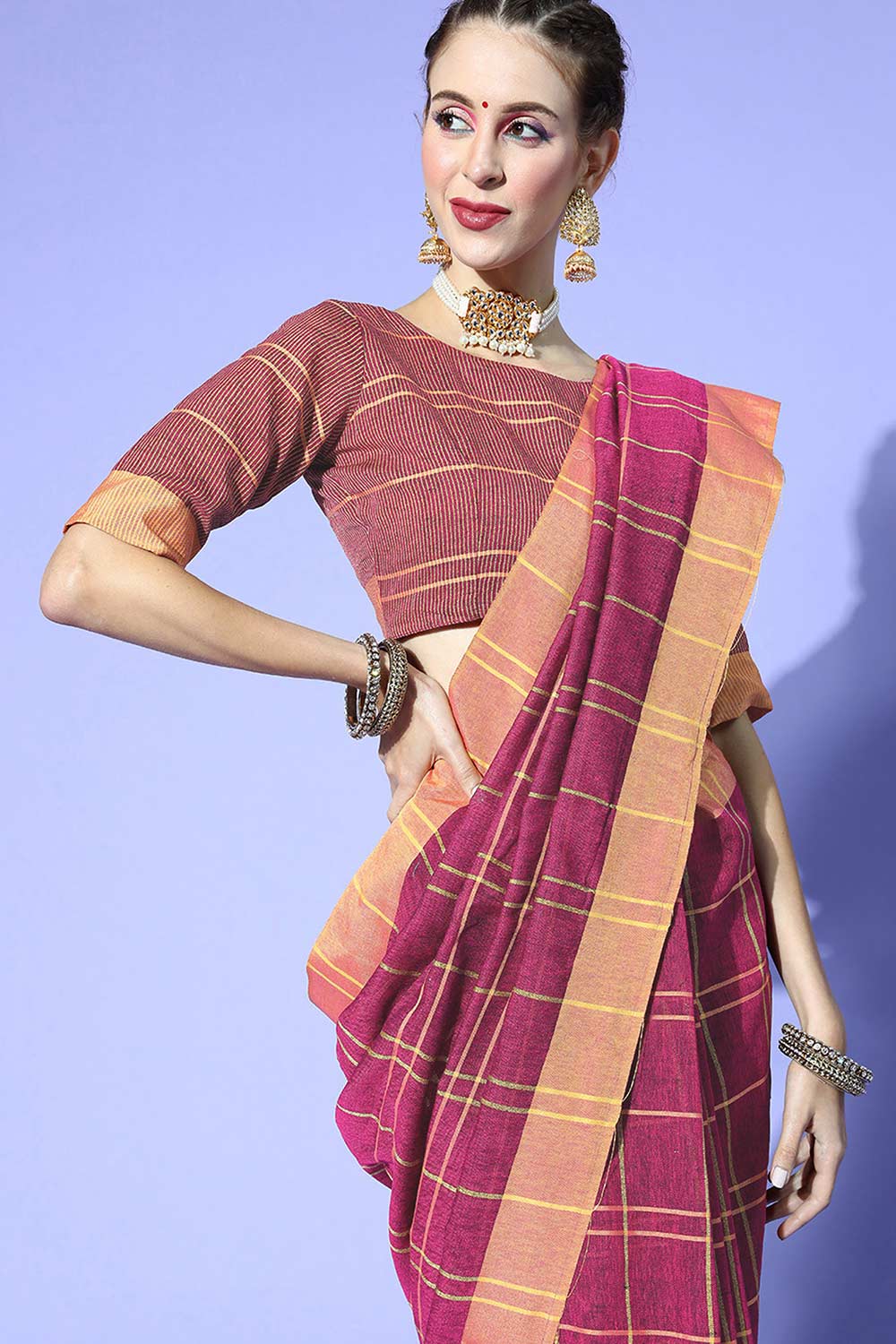 Magenta Linen Checkered Uppada Saree