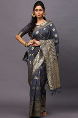 Grey Silk Blend Floral Woven Design Banarasi Saree