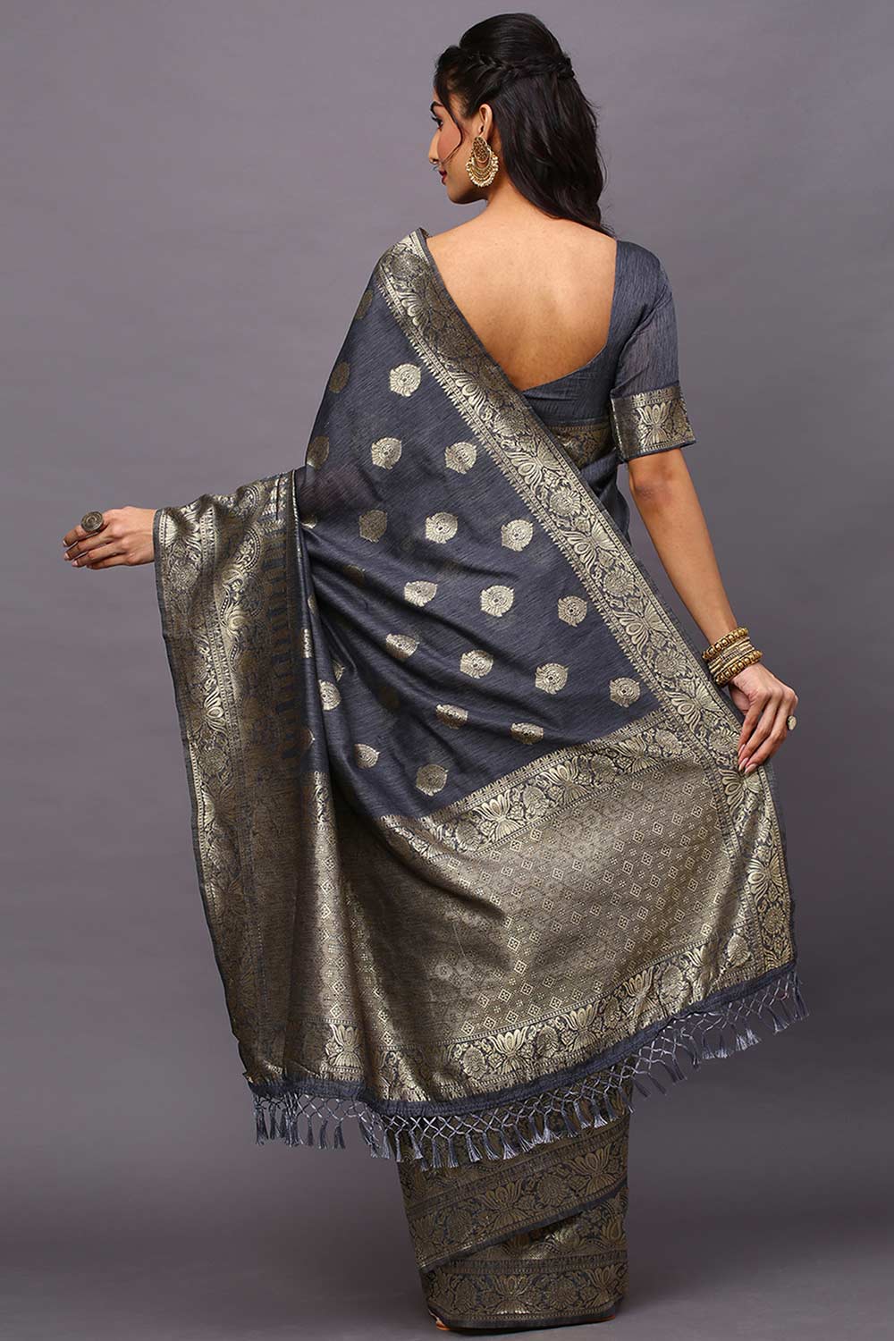 Grey Silk Blend Floral Woven Design Banarasi Saree