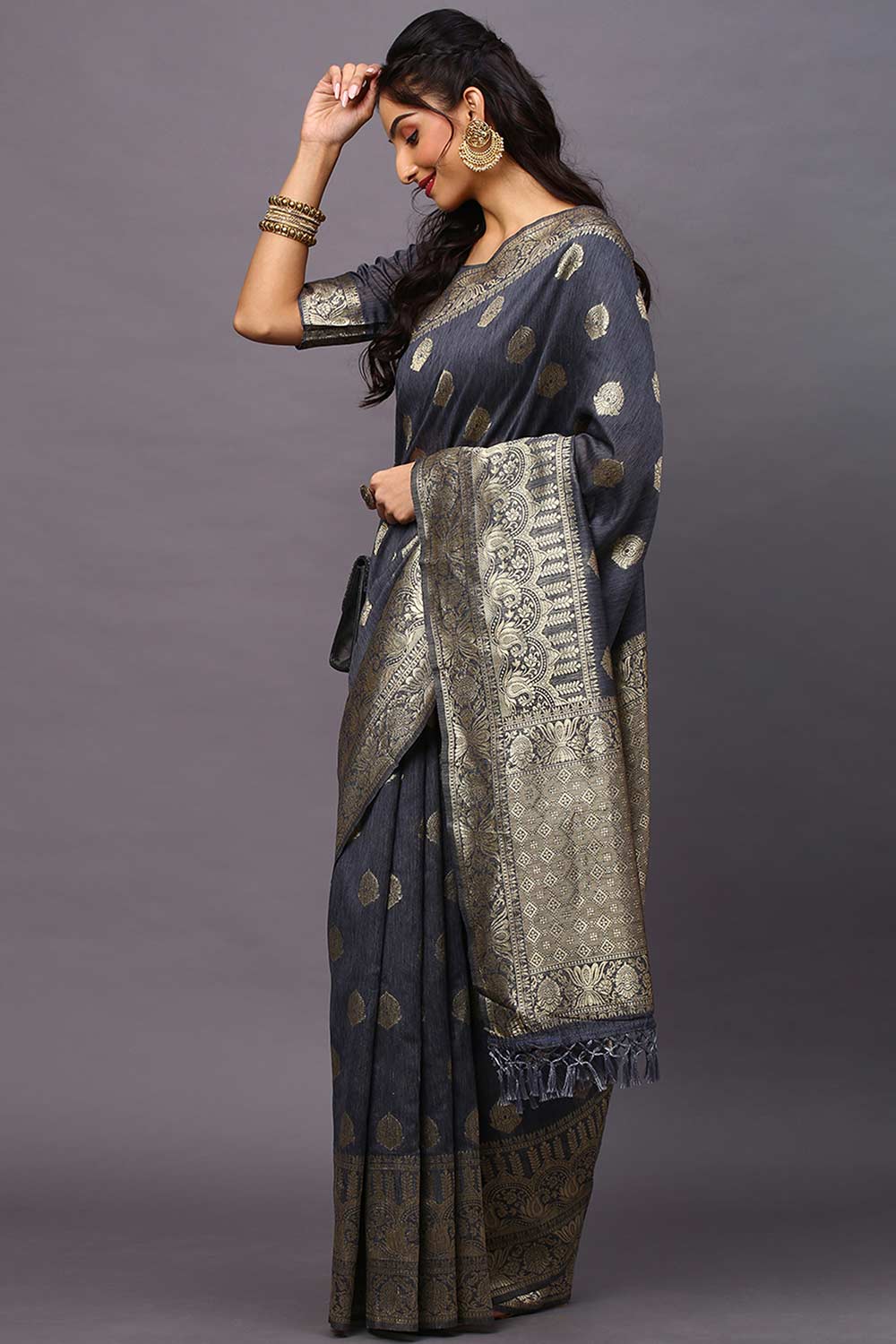 Grey Silk Blend Floral Woven Design Banarasi Saree