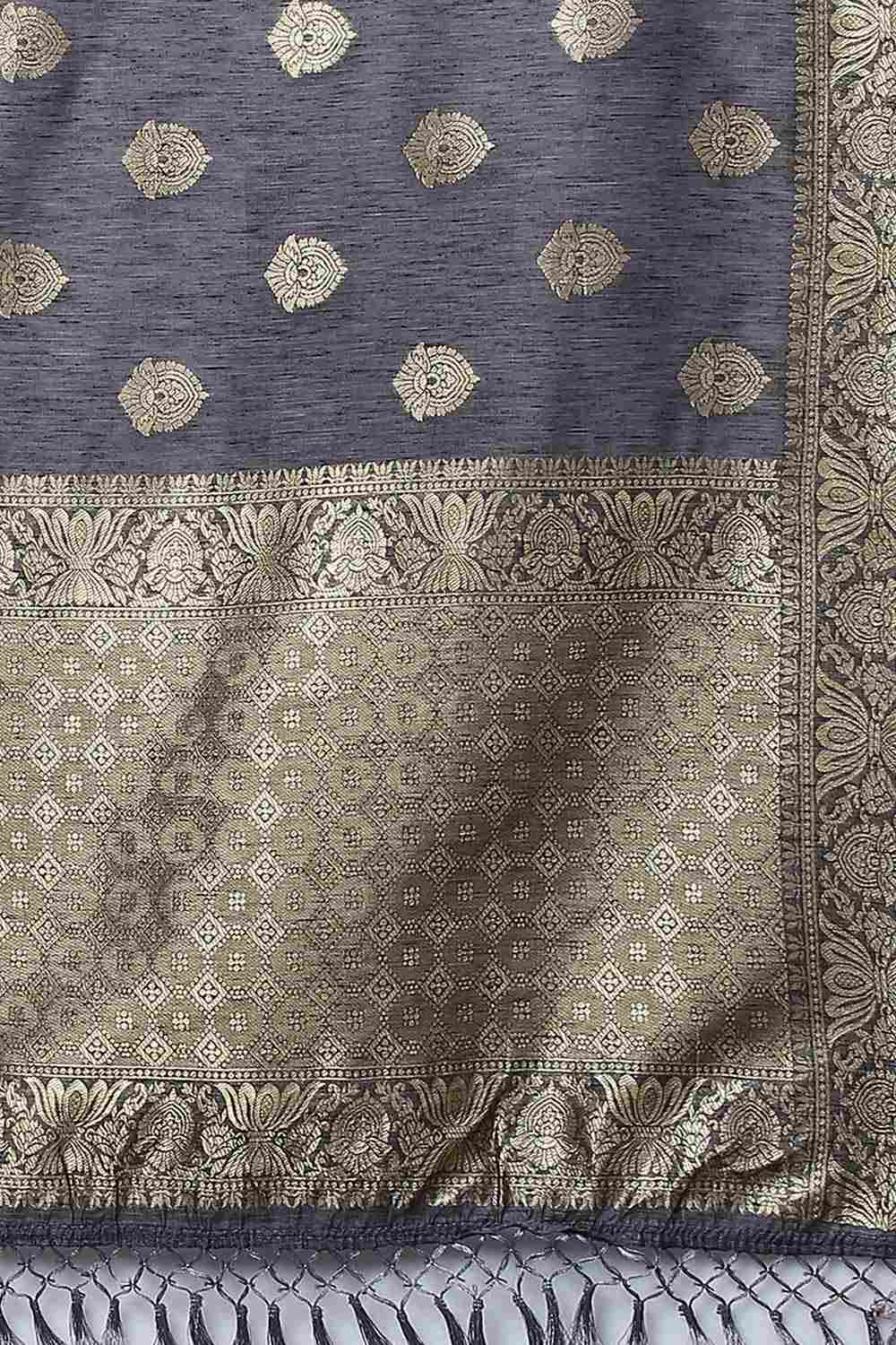 Grey Silk Blend Floral Woven Design Banarasi Saree