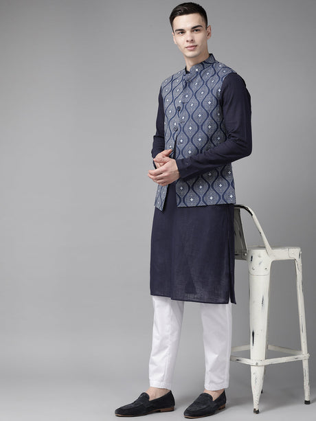Buy Men's Navy Pure Cotton Printed Kurta Pajama Jacket Set Online