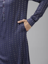 Buy Men's Blue Cotton Woven Thread Work Straight Kurta Online - Side