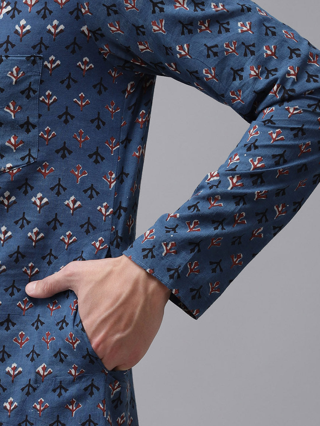 Buy Men's Blue Cotton Hand Block Printed Kurta Pajama Set Online - Zoom In