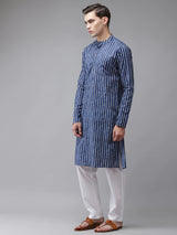 Buy Men's Blue Cotton Stripe Printed Kurta Pajama Set Online - Front