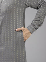 Buy Men's Grey Art Silk Woven Thread Work Kurta Pajama Set Online - Zoom In