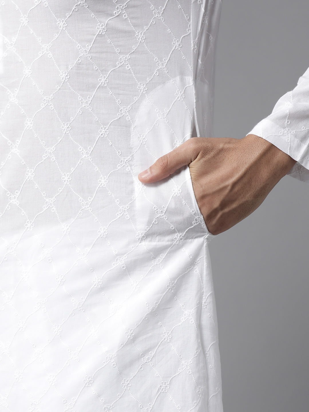Buy Men's White Cotton Chikankari Embroidered Straight Kurta Online - Zoom In