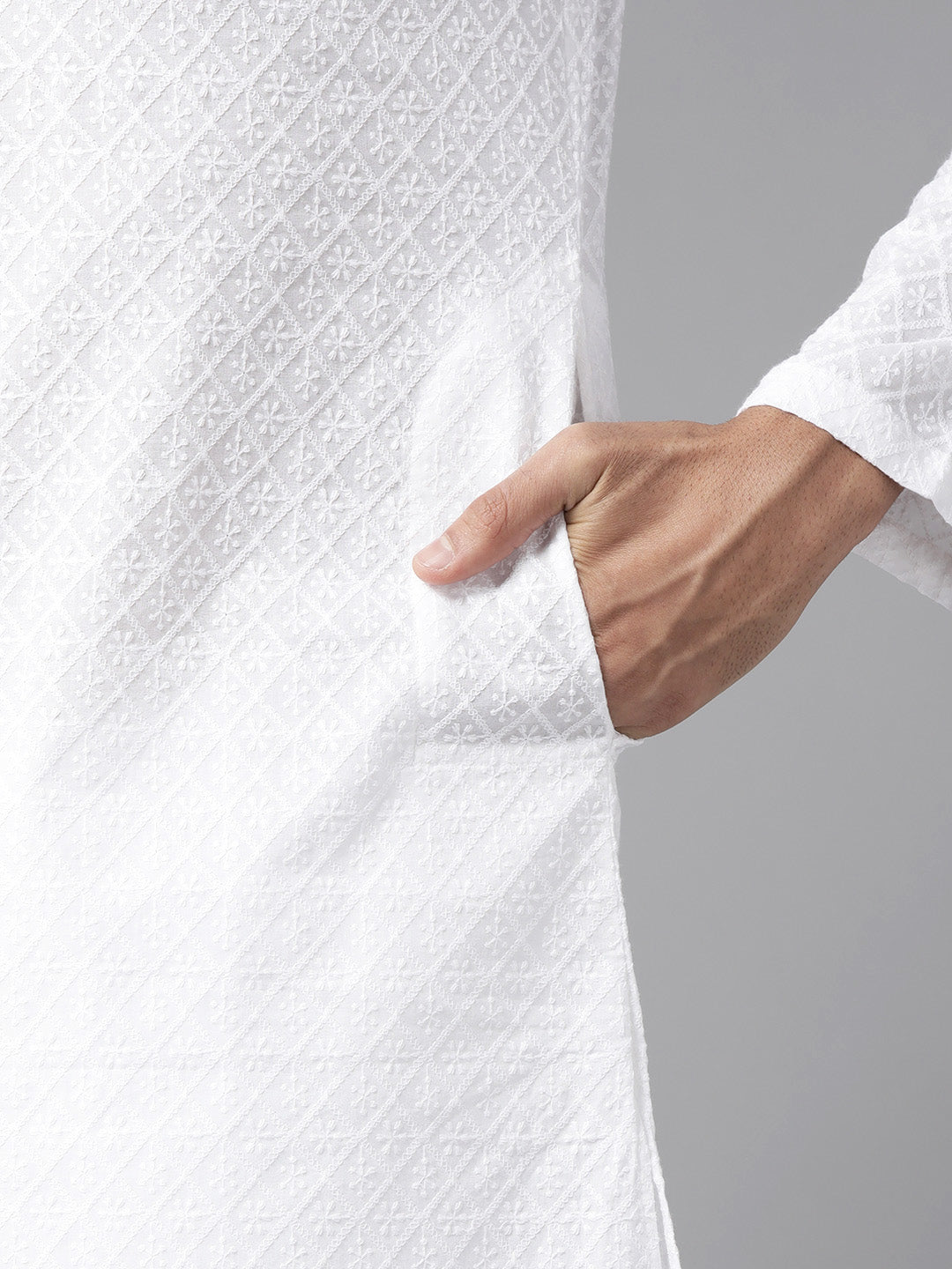 Buy Men's White Cotton Chikankari Embroidered Straight Kurta Online - Zoom In