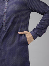 Buy Men's Blue Art Silk Woven Thread Work Kurta Pajama Set Online - Zoom In