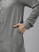 Buy Men's Grey Cotton Woven Thread Work Straight Kurta Online - Side