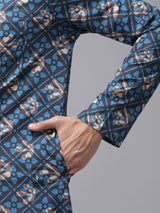 Buy Men's Blue Cotton Floral Printed Kurta Pajama Set Online - Zoom In