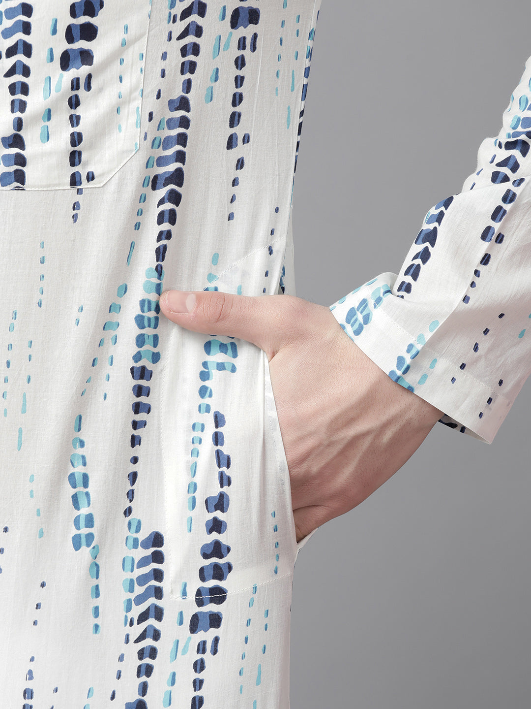 Buy Men's White Cotton Tie And Dye Print Straight Kurta Online - Zoom In