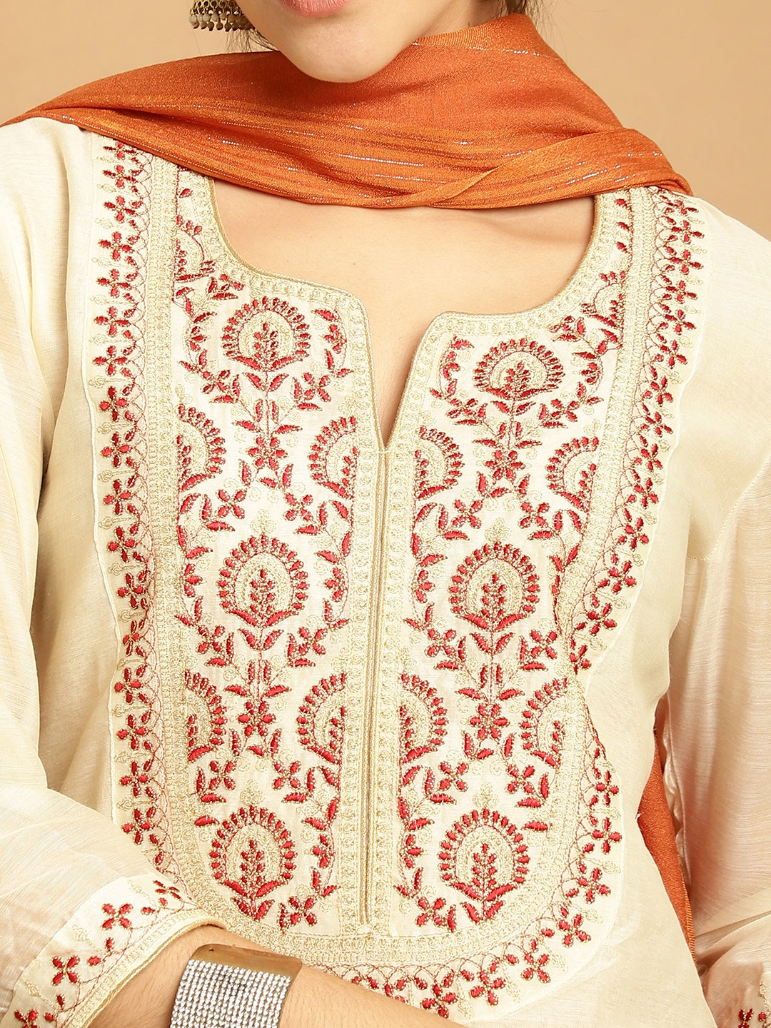 Cream  Chanderi Printed Kurti Set