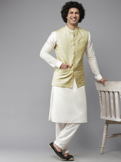 Buy Men's Off-White Silk Jacquard Woven Design Kurta Pajama Jacket Set Online