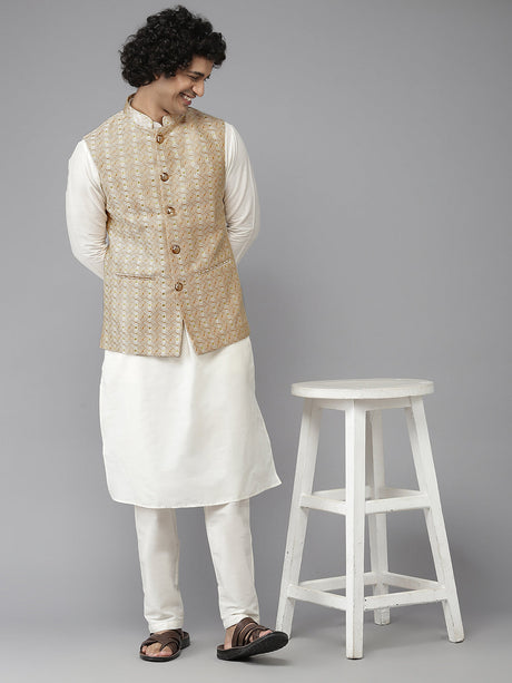 Buy Men's Off-White Silk Jacquard Woven Design Kurta Pajama Jacket Set Online