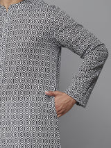 Buy Men's Navy Blue Pure Cotton Printed Kurta Pajama Set Online - Zoom In