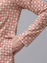 Buy Men's Beige Cotton Hand Block Printed Kurta Pajama Set Online - Zoom In