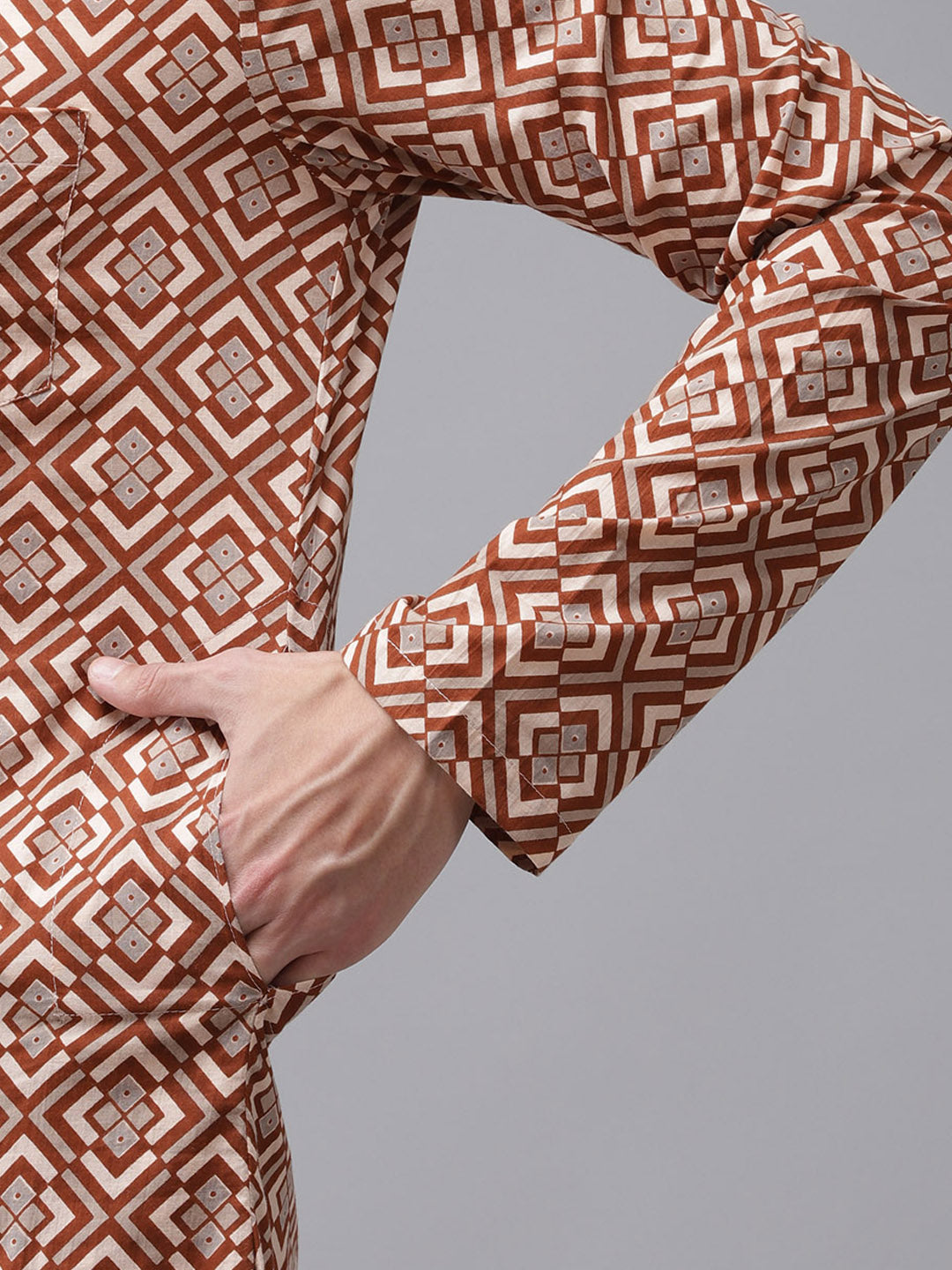 Buy Men's Beige Cotton Printed Kurta Pajama Set Online - Zoom In