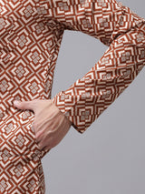 Buy Men's Beige Cotton Printed Kurta Pajama Set Online - Zoom In
