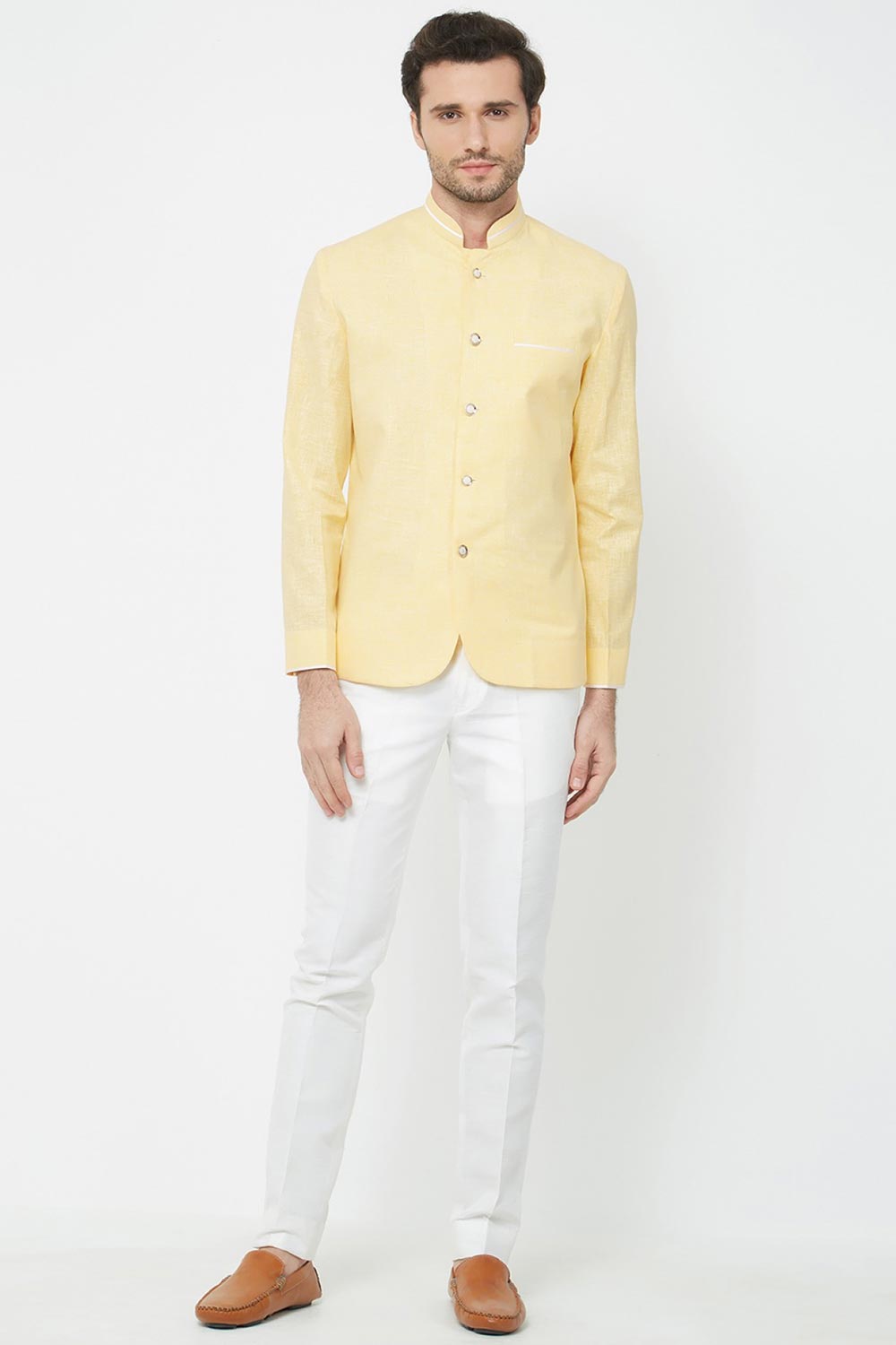 Buy Men's Linen solid Jodhpuri Set in Yellow Online