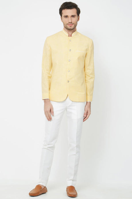 Buy Men's Linen solid Jodhpuri Set in Yellow Online