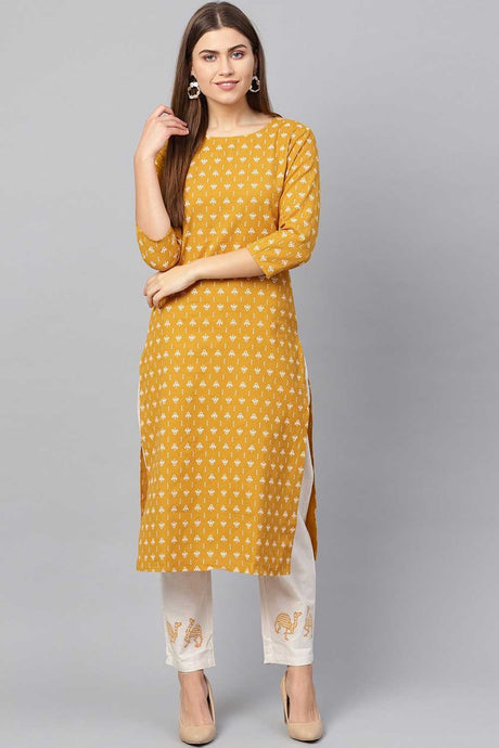 Buy Pure Cotton Block Printed Ready to Wear Kurta Set in Mustard Yellow Online