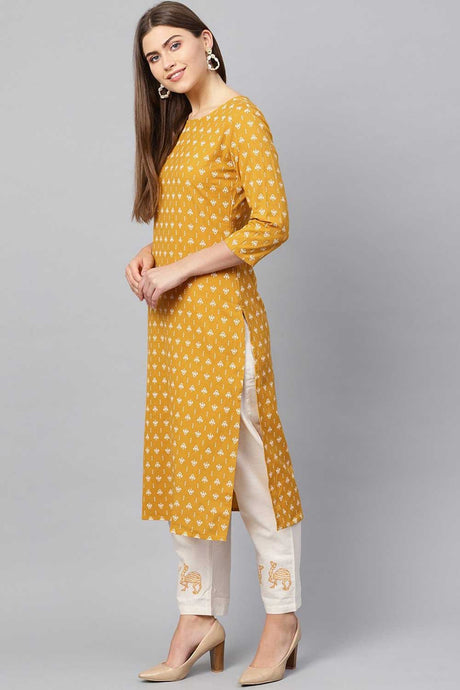 Buy Pure Cotton Block Printed Ready to Wear Kurta Set in Mustard Yellow Online - Back