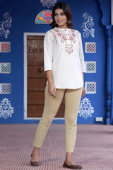 Buy Blended Cotton Embroidered Kurta Top in White Online - Back
