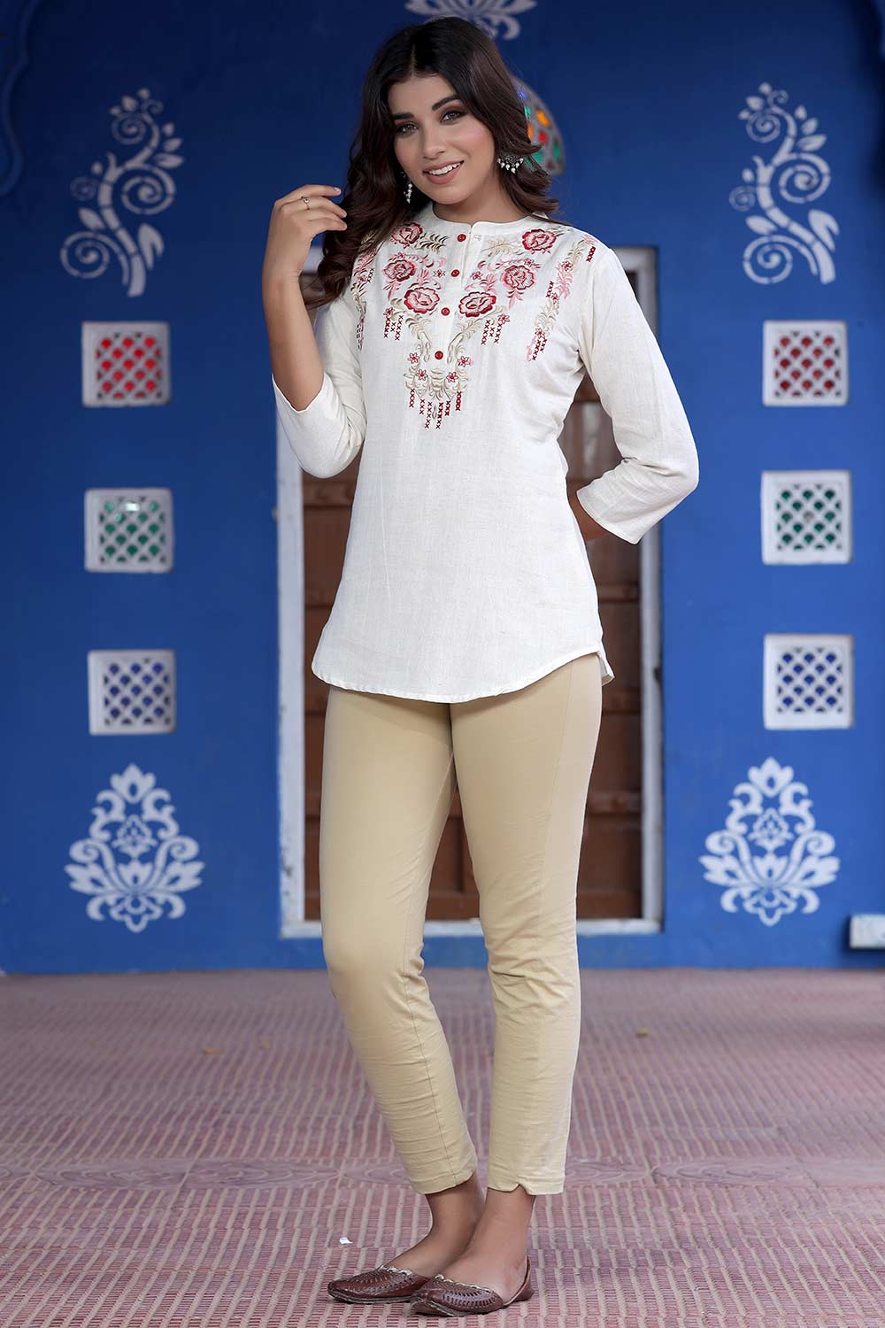 Buy Blended Cotton Embroidered Kurta Top in White Online - Front