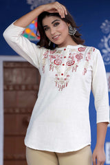 Buy Blended Cotton Embroidered Kurta Top in White Online - Side