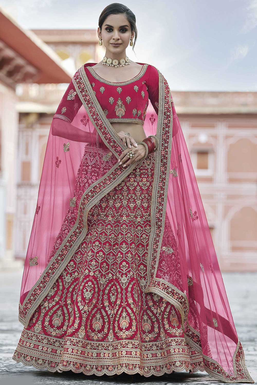 Pink Velvet Embroidered Lehenga Choli