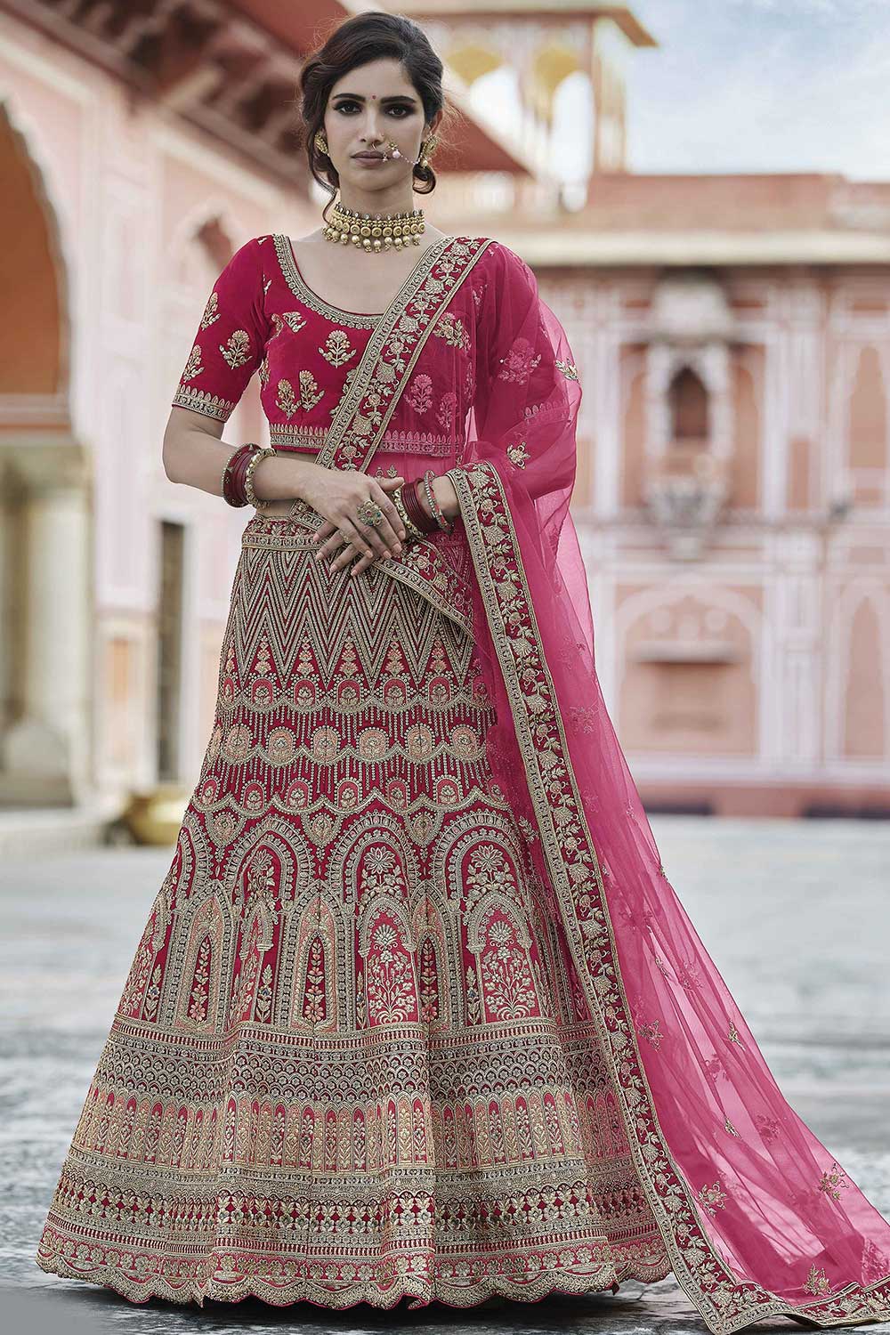 Pink Velvet Embroidered Lehenga Choli