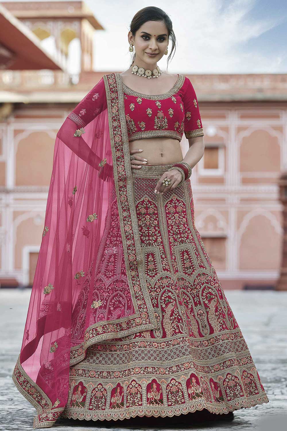 Pink Velvet Embroidered Lehenga Choli