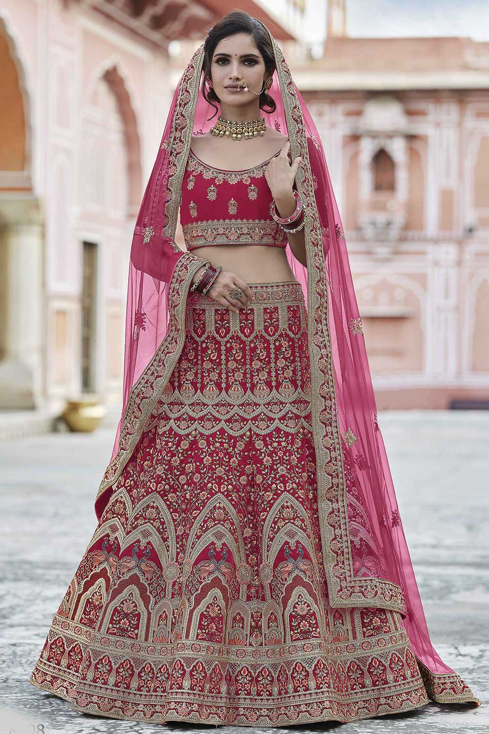 Pink Velvet Embroidered Lehenga Choli