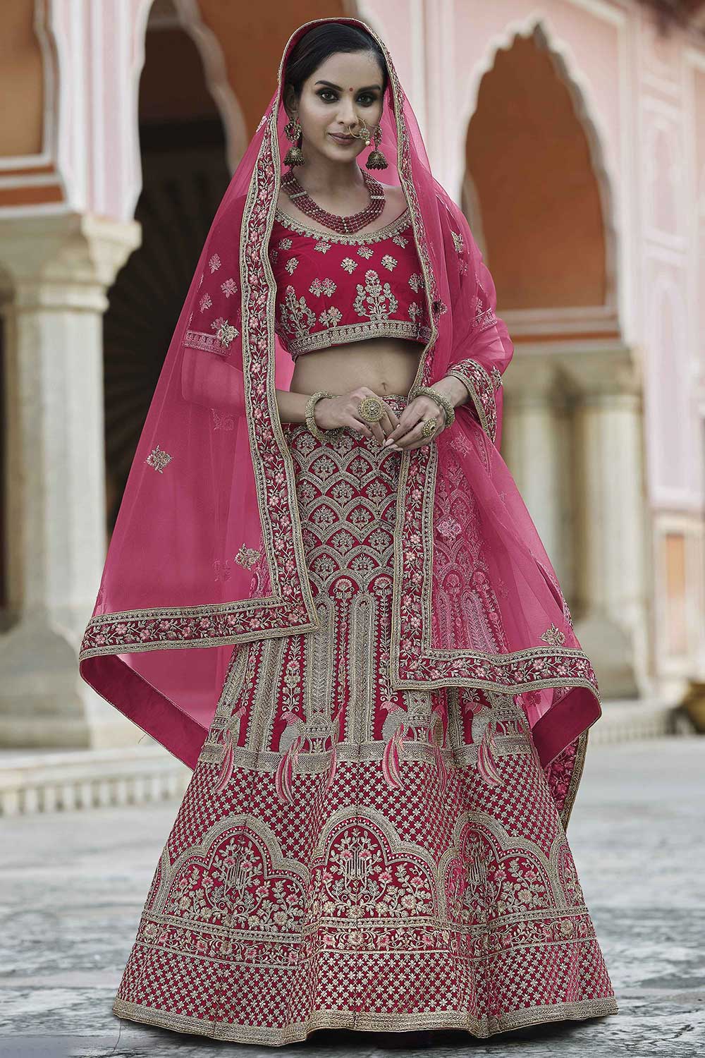 Pink Velvet Embroidered Lehenga Choli