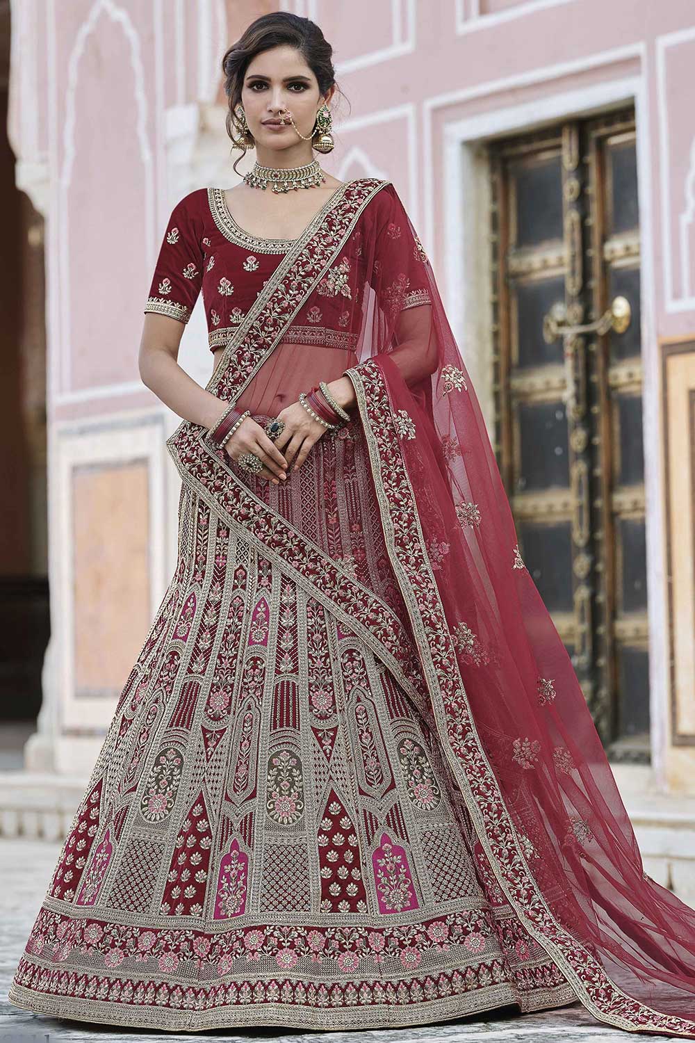 Maroon Velvet Embroidered Lehenga Choli