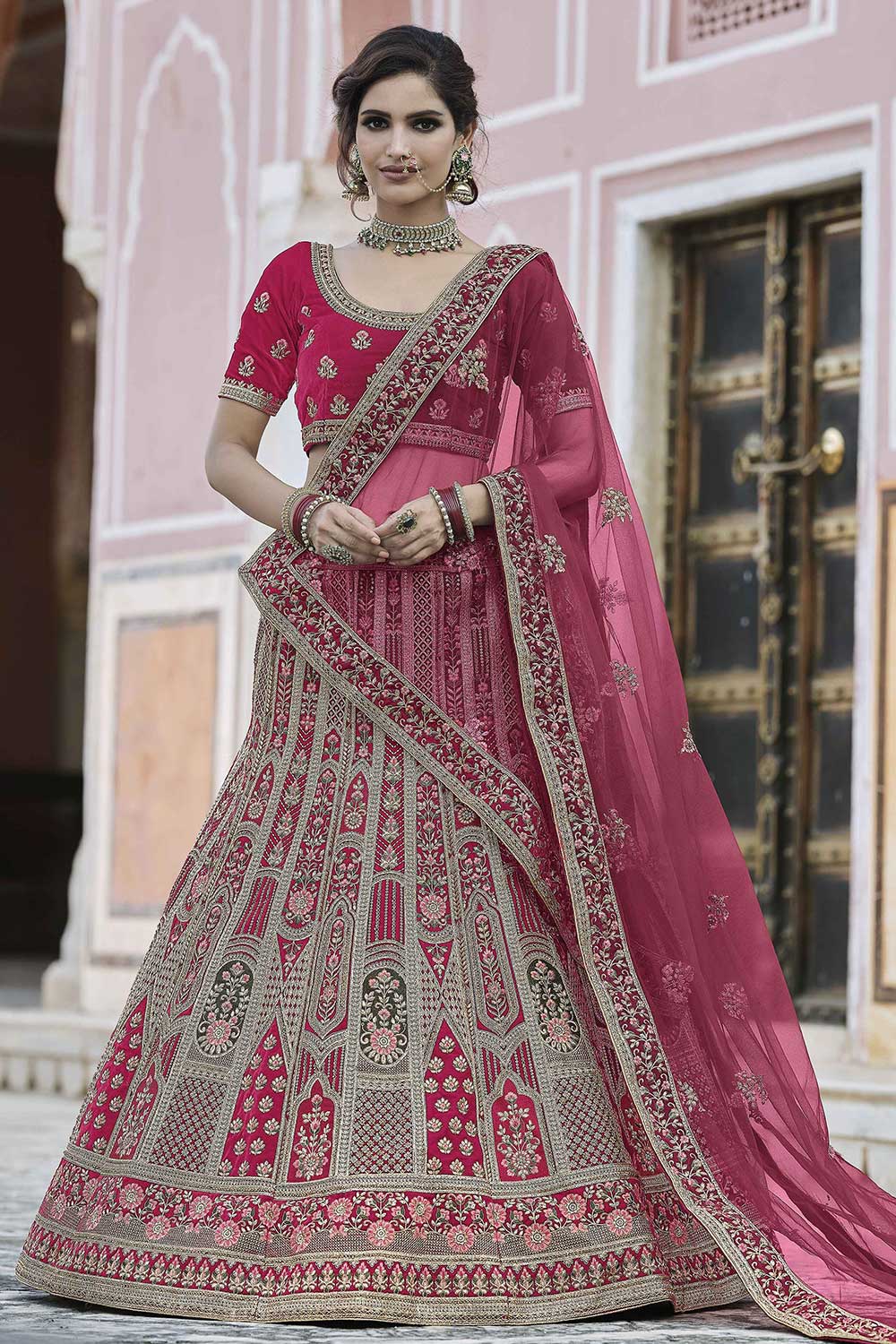 Pink Velvet Embroidered Lehenga Choli