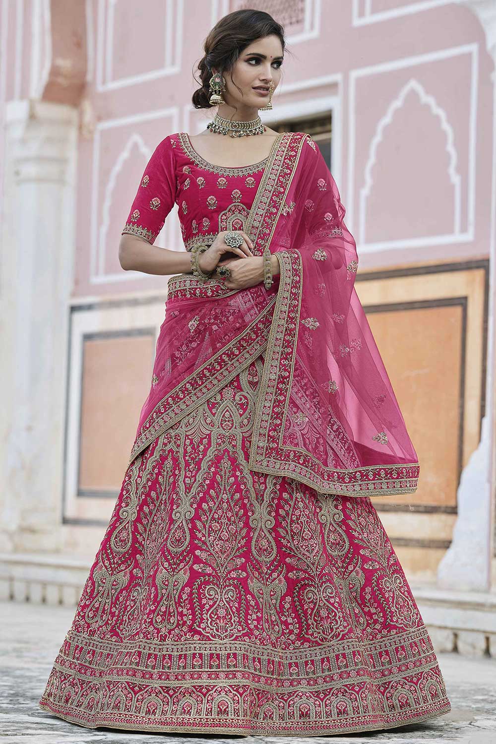 Pink Velvet Embroidered Lehenga Choli