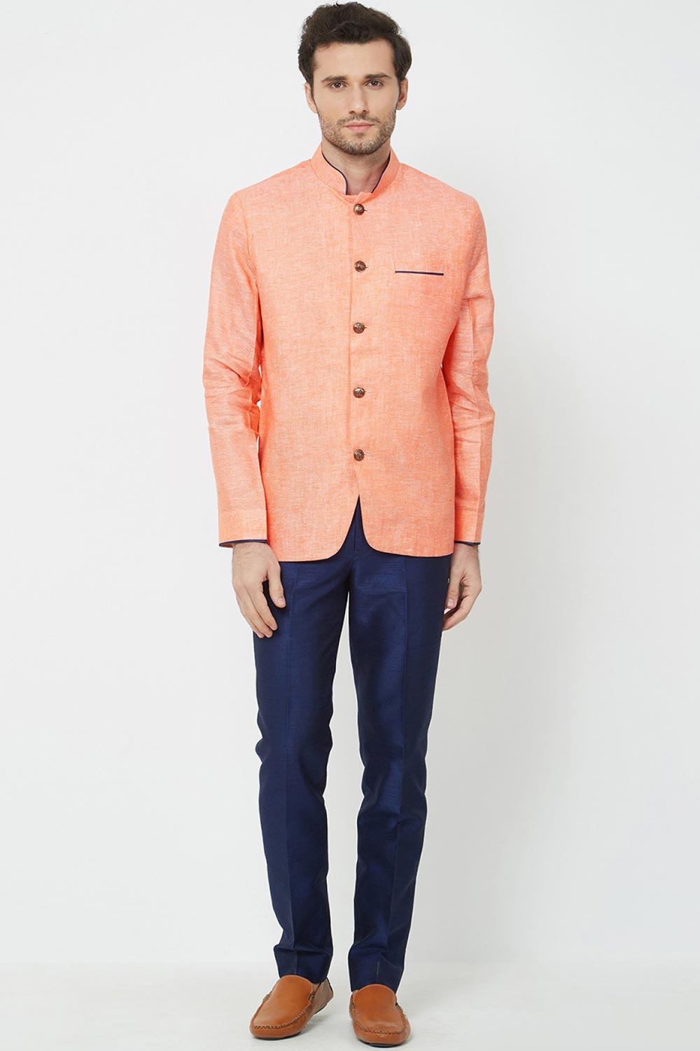 Buy Men's Linen solid Jodhpuri Set in Orange Online