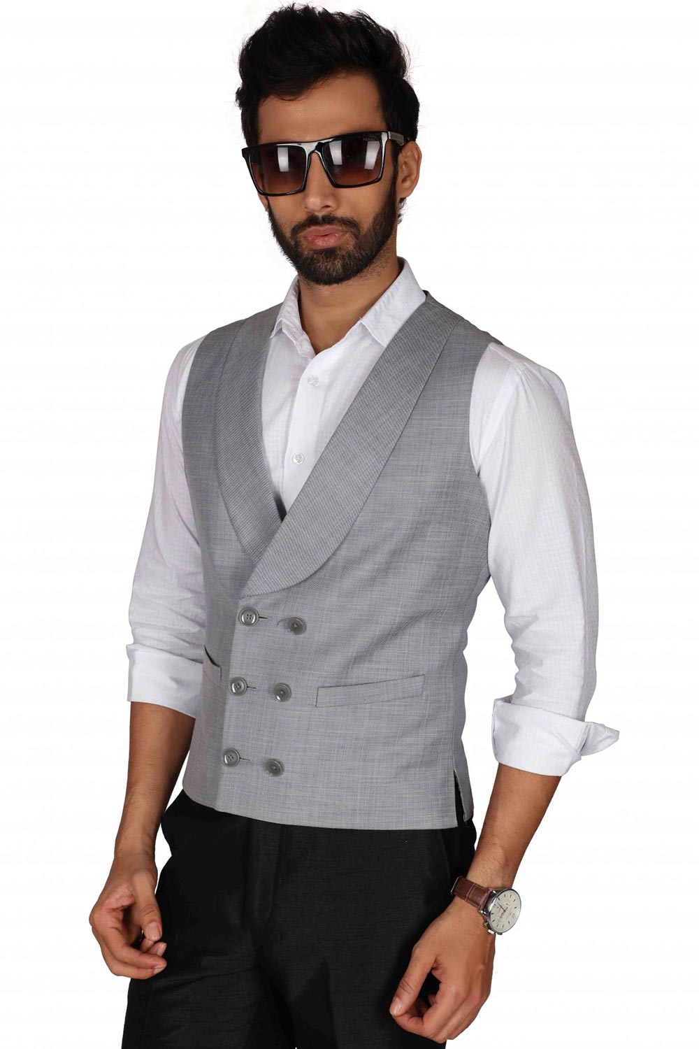 Buy Men's Suiting Fabric  Solid Waist Coat in Grey  Online - Back