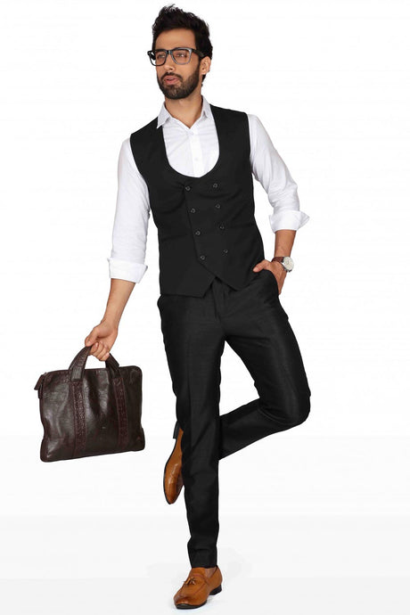 Buy Men's Suiting Fabric  Solid Waist Coat in Black Online