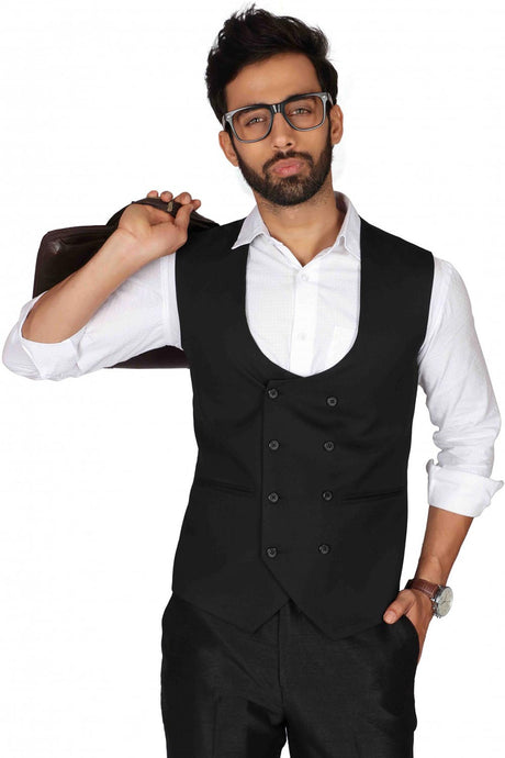 Buy Men's Suiting Fabric  Solid Waist Coat in Black Online - Back