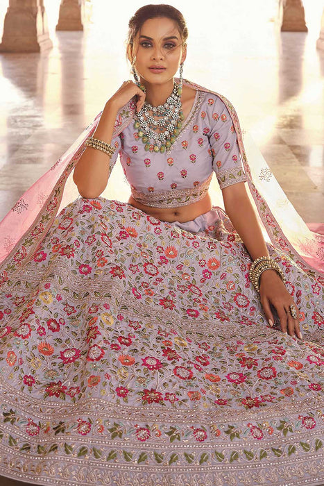 Grey & Pink Hand Embroidered Lehenga Set Design by Varun Chakkilam at  Pernia's Pop Up Shop 2024